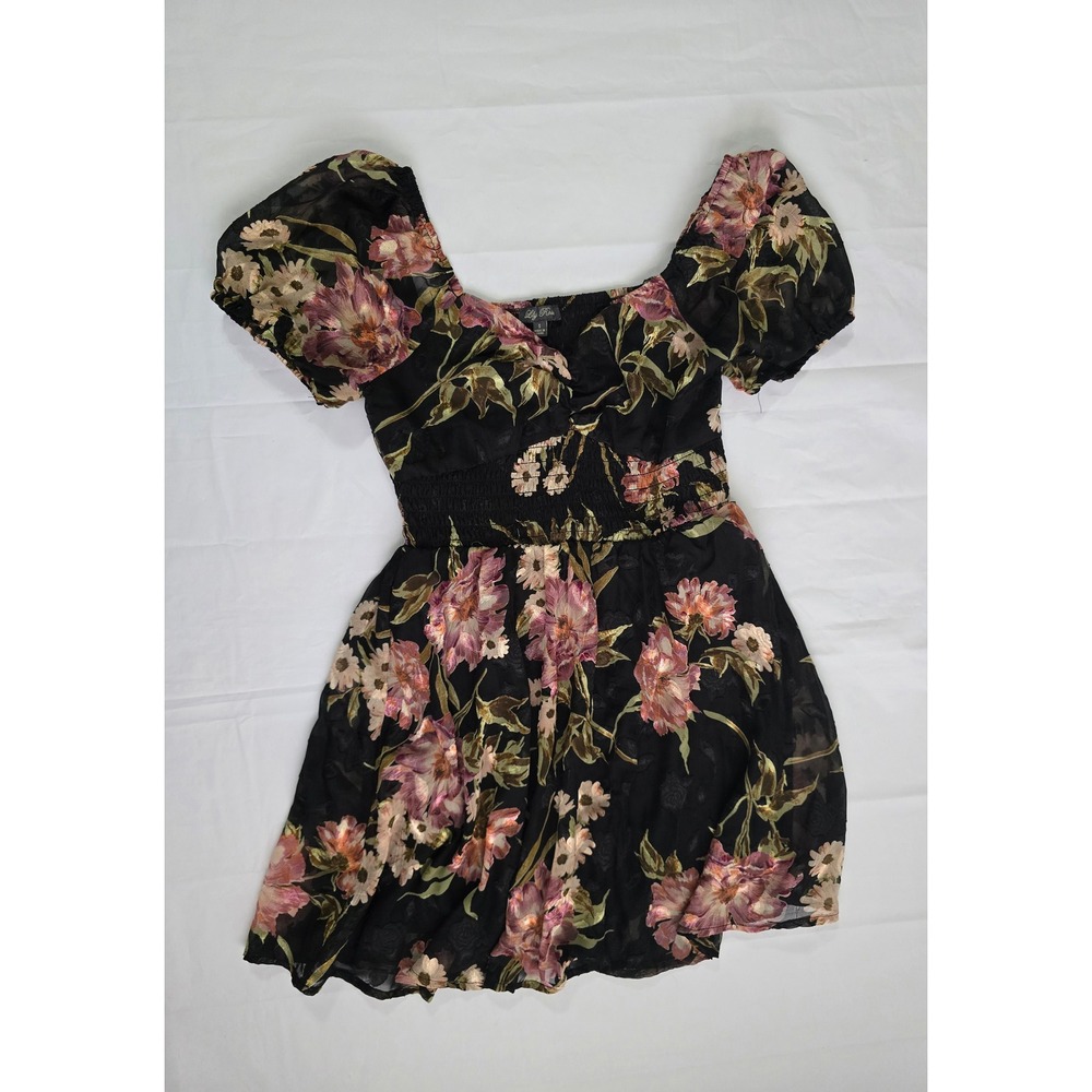 Lily Rose Floral Puff Sleeve Smocked Mini Dress Black Mauve Size Small - Picture 3 of 16